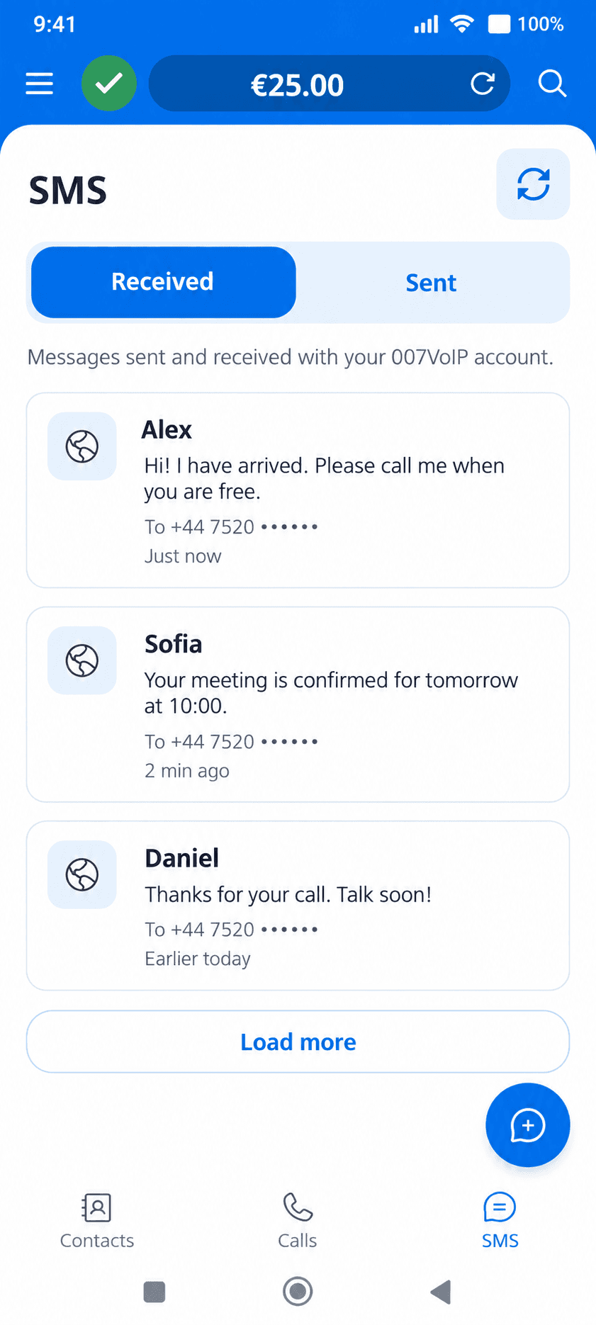 Illustrative 007VoIP app inbox with messages from Alex, Sofia and Daniel to the masked UK number +44 7520. The SMS menu shows two example new messages.