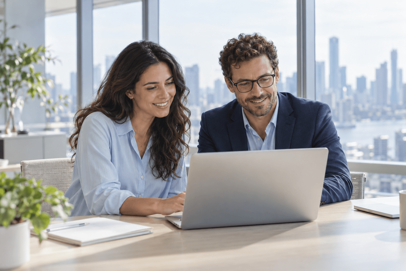 Two professionals collaborating in a bright city office
