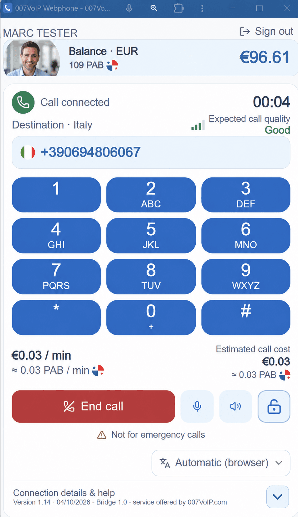 007VoIP Webphone demo during an outgoing call, showing expected call quality, estimated call cost, destination rate and call controls.