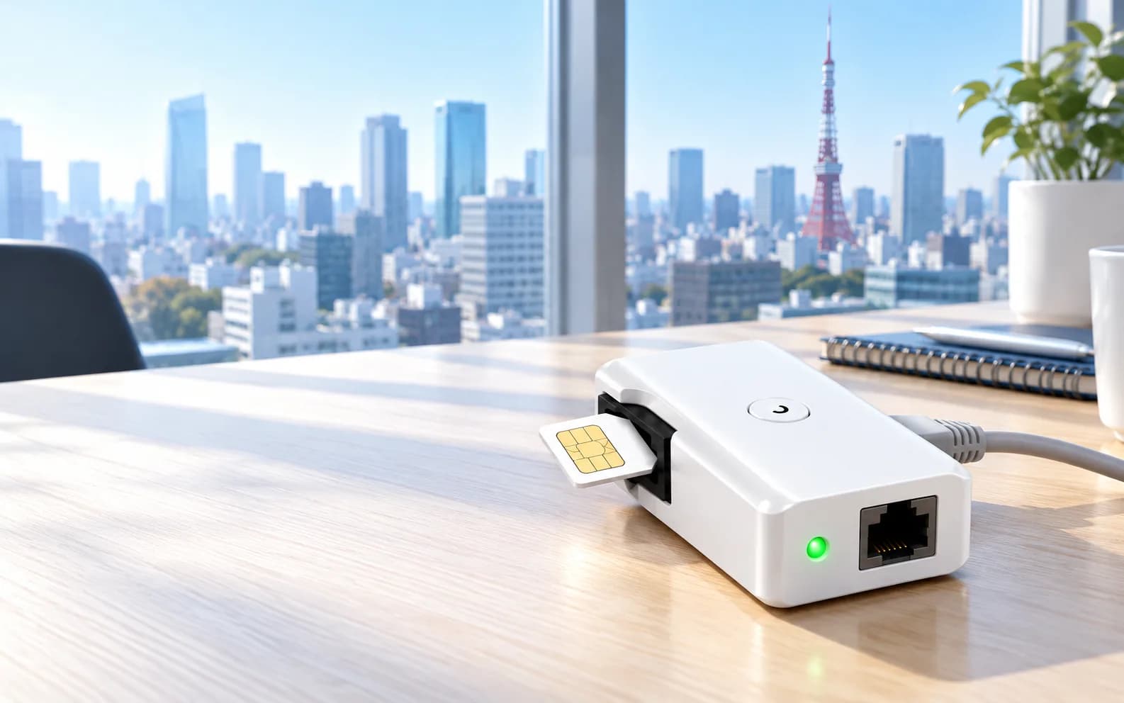 Concept illustration of a SIM adapter on a desk in a Tokyo office.