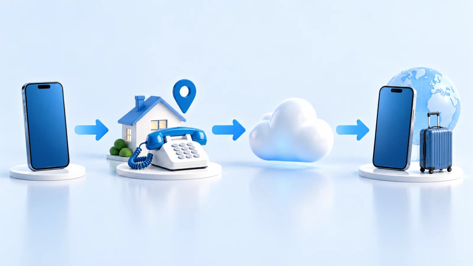 The original mobile number connects to a landline in the same country, and the call continues over the internet to the traveller's app.